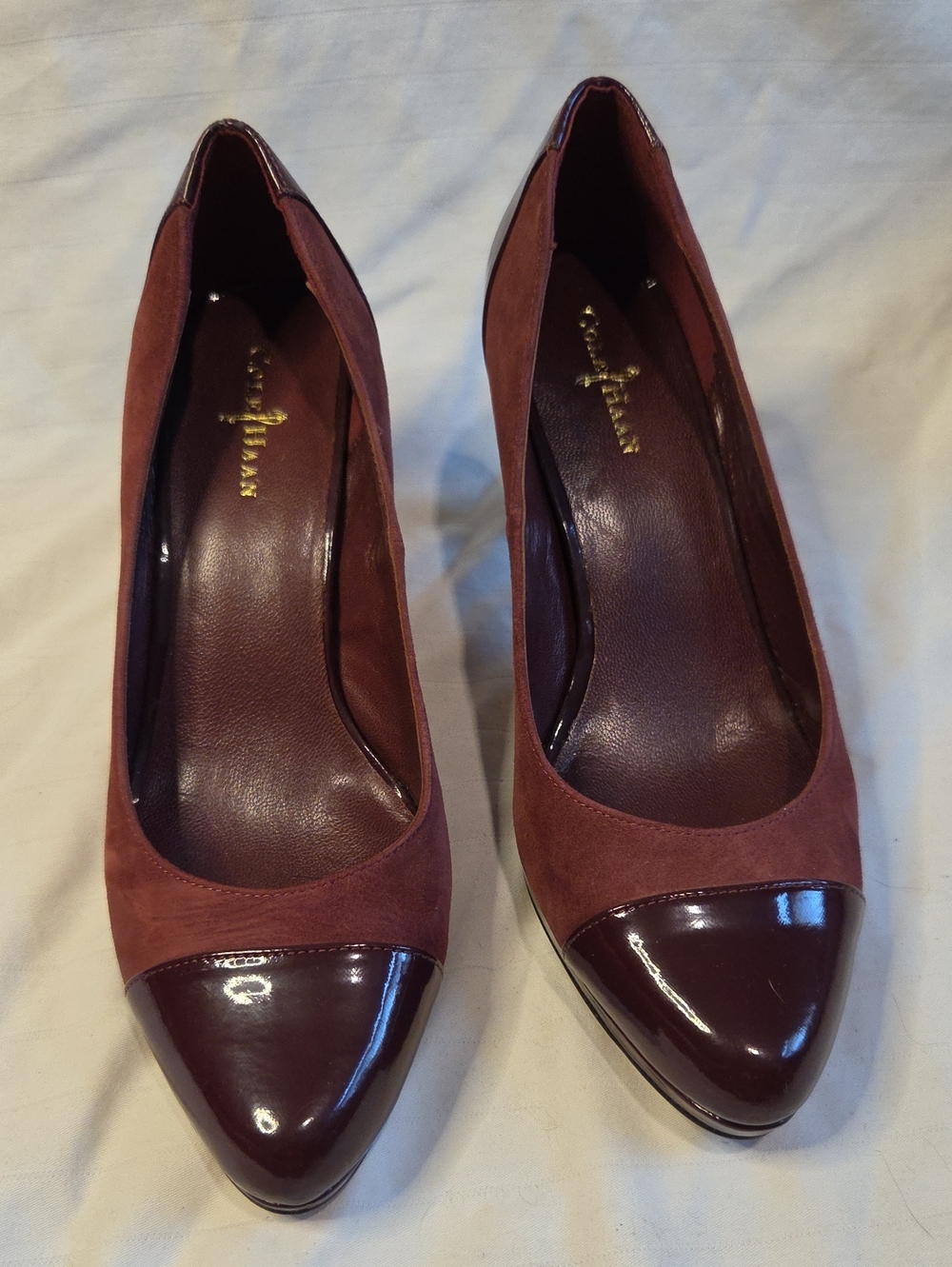 Cole Haan Burgundy Suede Pumps with Patent Cap Toe Sz7